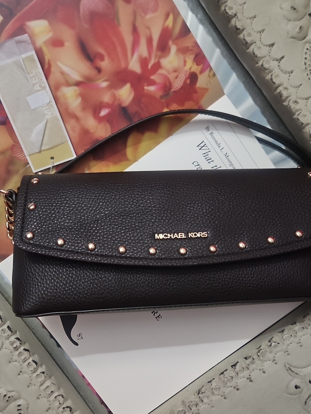 MICHAEL KORS Black Pebbled Leather Stud Flap Crossbody
